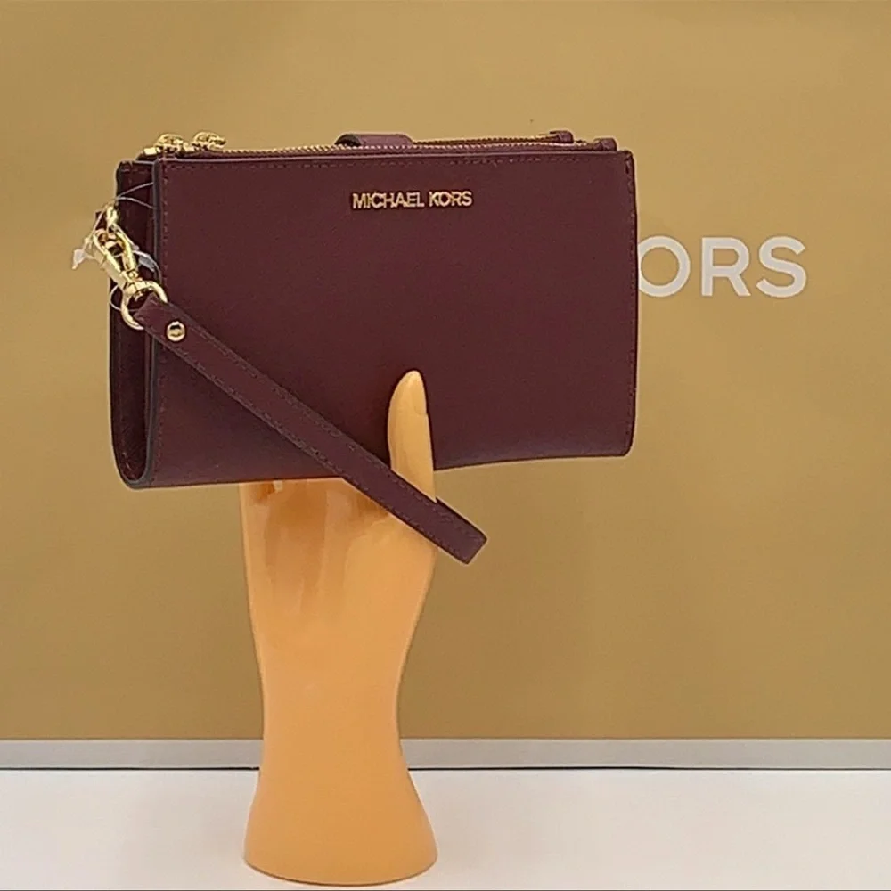 MICHAEL KORS LG DOUBLE ZIP WRISTLET DARK CHERRY MERLOT MULBERRY PHONE HOLDER NWT